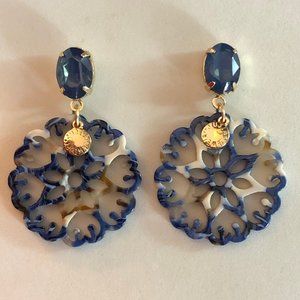 Big Flower Earrings Blue Rhinestone and Resin Gold Pltd 2"